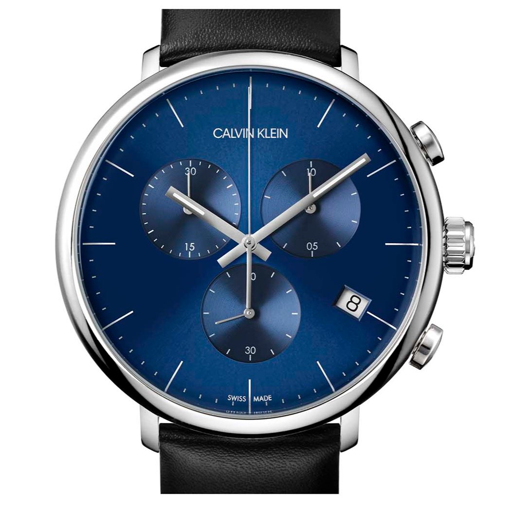 Calvin Klein High Noon Chronograph Blue Dial Black Leather Strap Watch for Men - K8M271CN