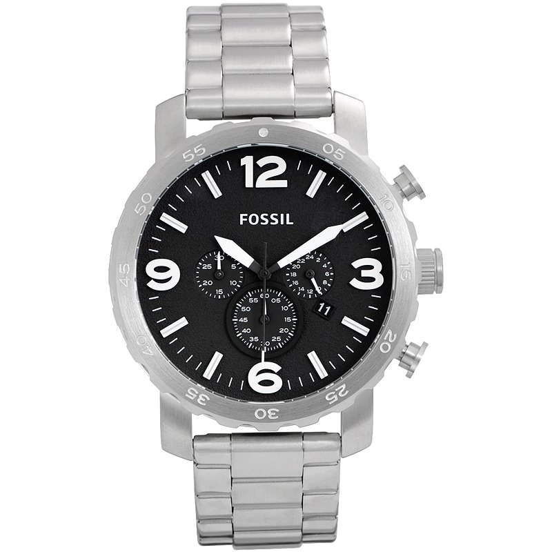 Fossil Nate Chronograph Black Dial Silver Steel Strap Watch for Men - JR1353