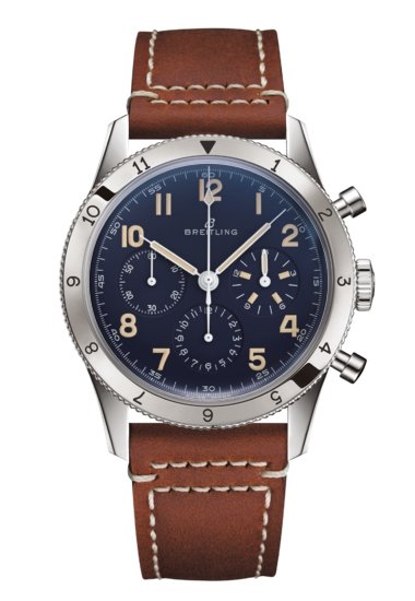 Breitling Avi 1953 Edition Platinum Chronograph Blue Dial Brown Leather Strap Watch for Men - LB0920131C1X1