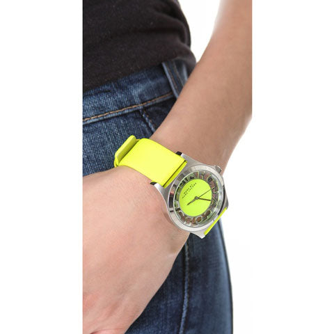 Marc Jacobs Henry Skeleton Neon Yellow Dial Leather Strap Watch for Women - MBM1242