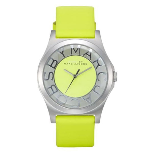 Marc Jacobs Henry Skeleton Neon Yellow Dial Leather Strap Watch for Women - MBM1242