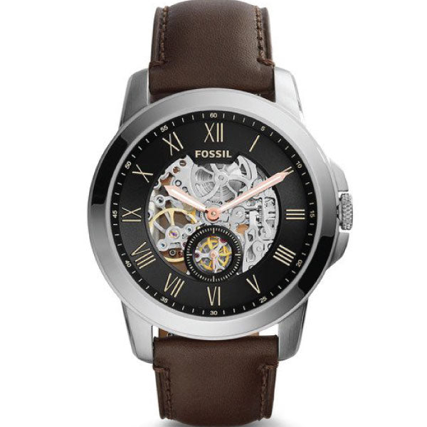 Fossil Grant Automatic Skeleton Black Dial Brown Leather Strap Watch for Men - ME3095