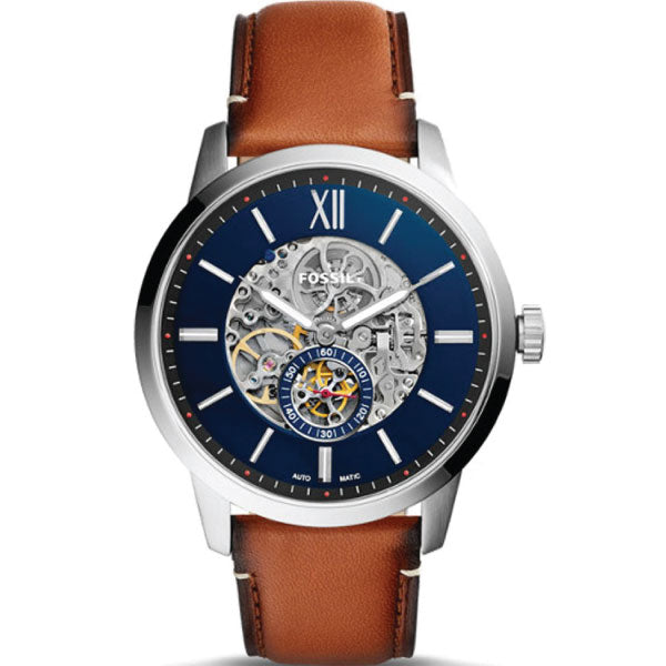 Fossil Townsman Automatic Skeleton Blue Dial Brown Leather Strap Watch for Men - ME3154