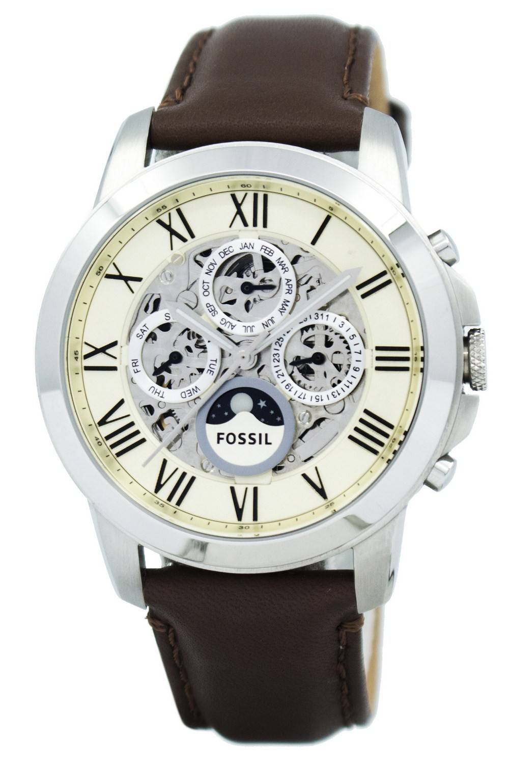 Fossil Grant Automatic Skeleton White Dial Brown Leather Strap Watch for Men -  ME3027