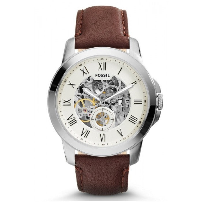 Fossil Grant Automatic Skeleton White Dial Brown Leather Strap Watch for Men -  ME3027