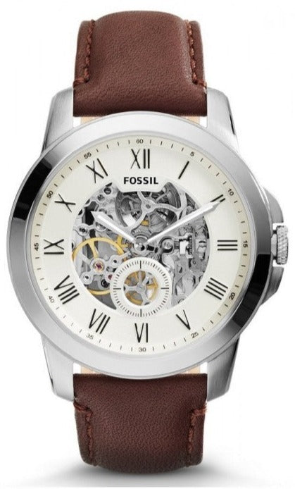 Fossil Grant Automatic Skeleton Beige Dial Brown Leather Strap Watch for Men - ME3099