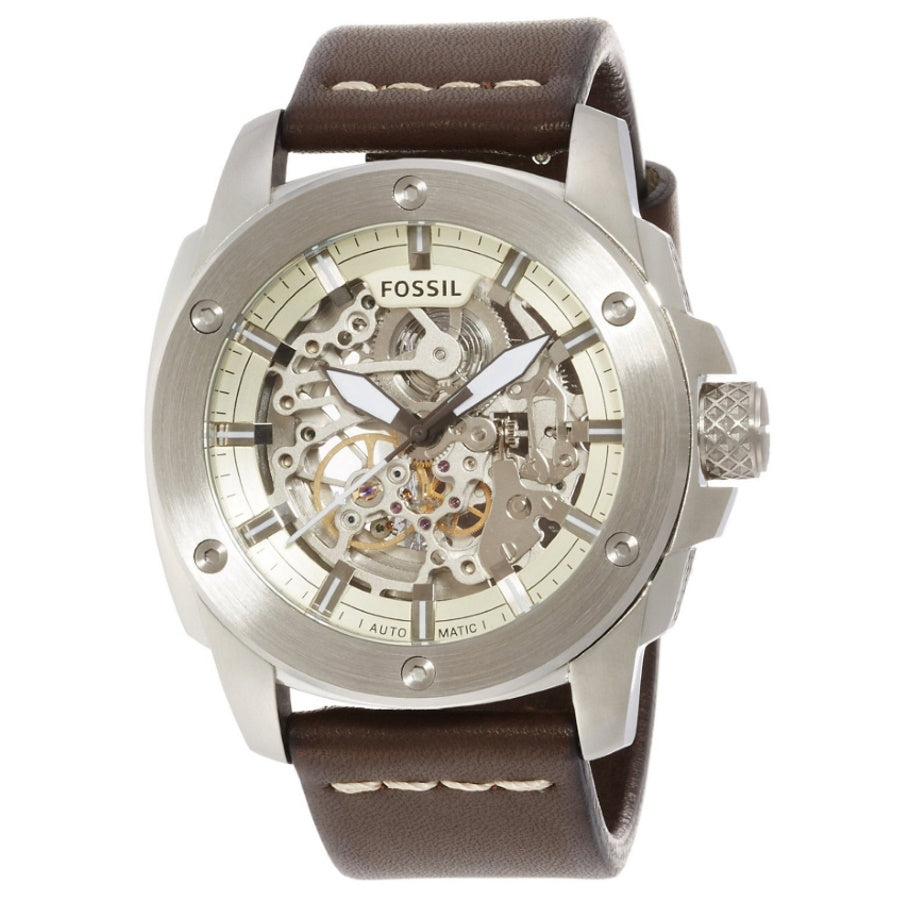 Fossil Modern Machine Automatic Skeleton White Dial Brown Leather Strap Watch for Women - ME3083