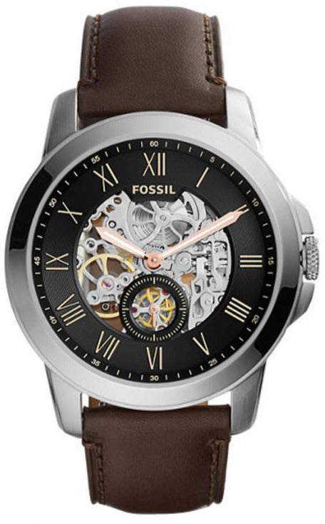 Fossil Grant Automatic Skeleton Black Dial Brown Leather Strap Watch for Men - ME3095