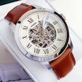 Fossil Grant Automatic Skeleton Beige Dial Brown Leather Strap Watch for Men - ME3099