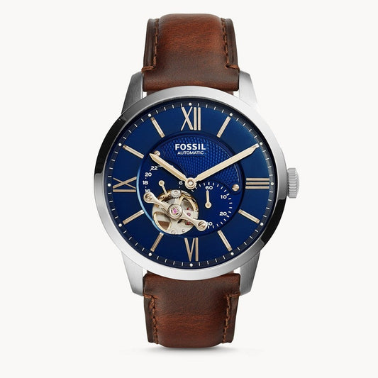 Fossil Townsman Automatic Blue Dial Brown Leather Strap Watch for Men - ME3110