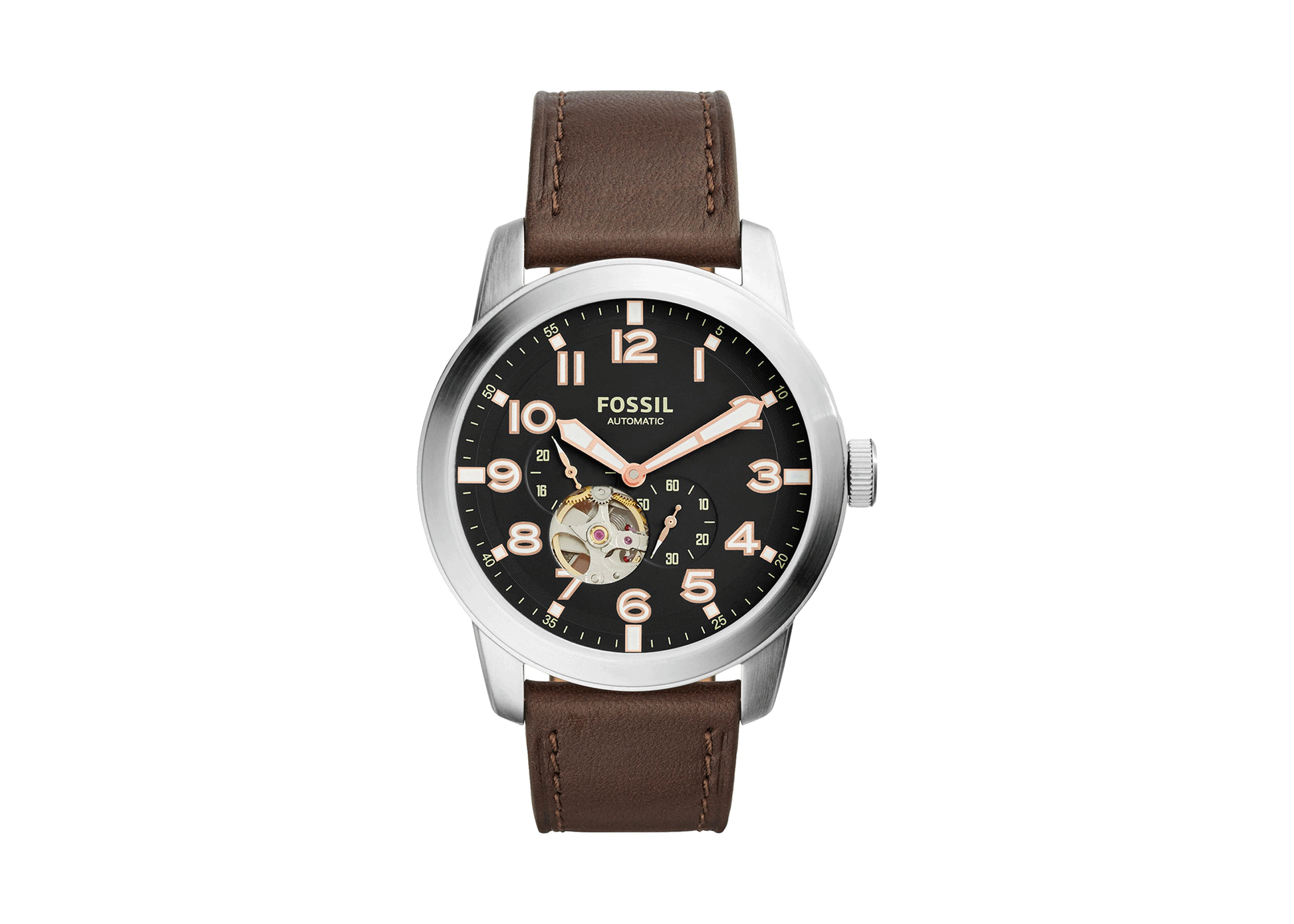 Fossil Pilot 54 Automatic Black Dial Brown Leather Strap Watch for Men - ME3118