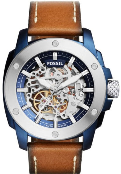 Fossil Modern Machine Automatic Skeleton Silver Dial Brown Leather Strap Watch for Men - ME3135