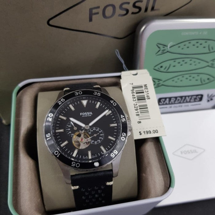 Fossil Crewmaster Sports Automatic Black Dial Black Leather Strap Watch for Men - ME3148