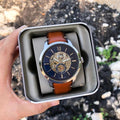 Fossil Townsman Automatic Skeleton Blue Dial Brown Leather Strap Watch for Men - ME3154