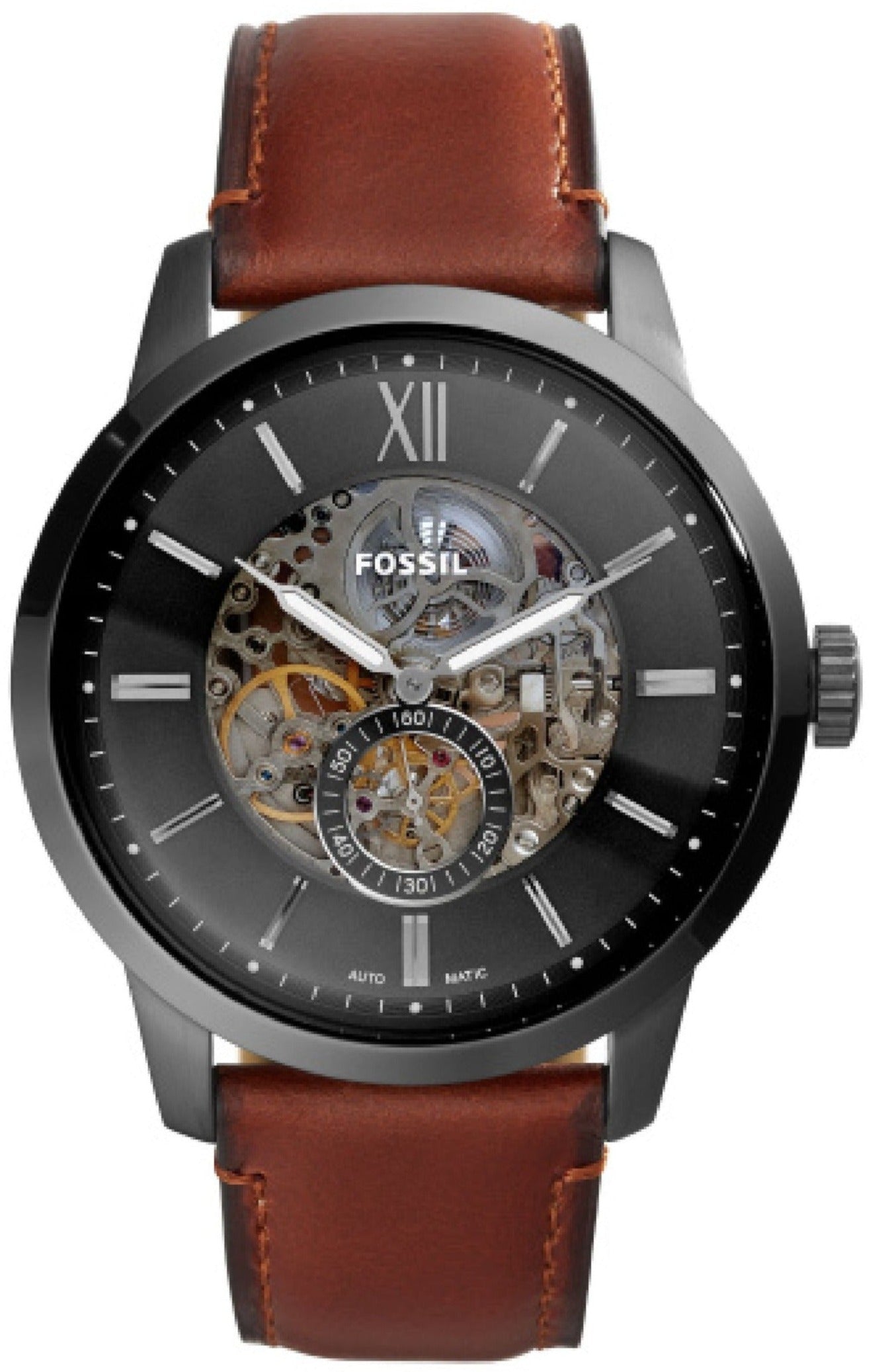 Fossil Townsman Automatic Skeleton Black Dial Brown Leather Strap Watch for Men - ME3181