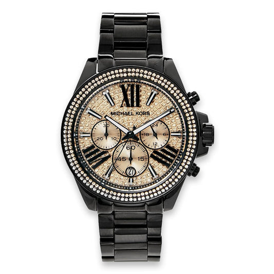 Michael Kors Wren Chronograph Gold Diamonds Dial Black Steel Strap Watch for Women - MK5879