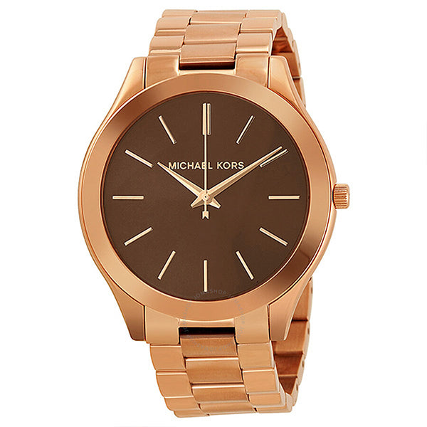 Michael Kors Slim Runway Brown Dial Rose Gold Stainless Steel Strap Watch for Women - MK3181