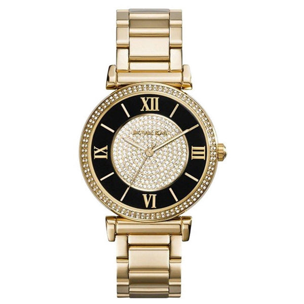 Michael Kors Catlin Black Dial Gold Steel Strap Watch for Women - MK3338