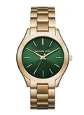 Michael Kors Slim Runway Green Dial Gold Steel Strap Watch for Women - MK3435