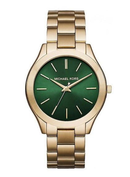 Michael Kors Slim Runway Green Dial Gold Steel Strap Watch for Women - MK3435