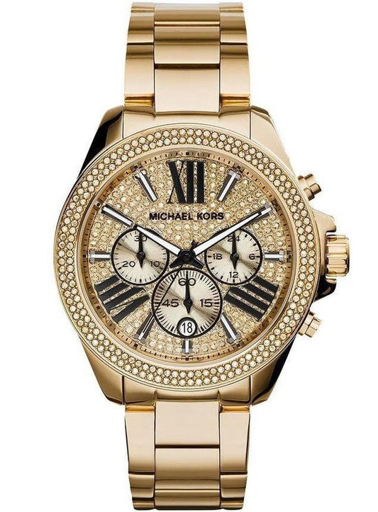 Michael Kors Wren Chronograph Crystal Pave Gold Dial Gold Steel Strap Watch for Women - MK6095