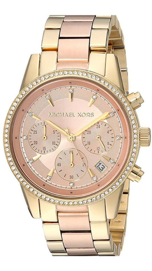 Michael Kors Ritz Chronograph Rose Dial Two Tone Steel Strap Watch for Women - MK6475