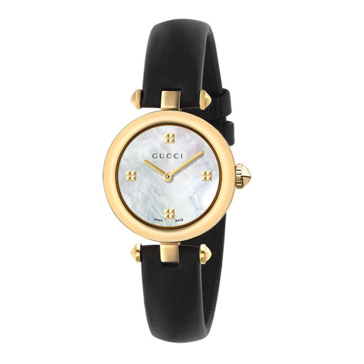 Gucci Diamantissima Mother of Pearl Dial Black Leather Strap Watch For Women - YA141505