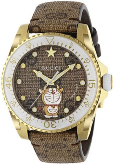 Gucci Dive Doraemon Brown Dial Brown Leather Strap Watch For Men - YA136334