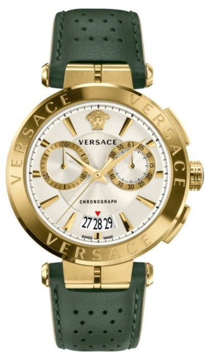 Versace Aion Chronograph White DIal Green Leather Strap Watch for Men - VBR020017