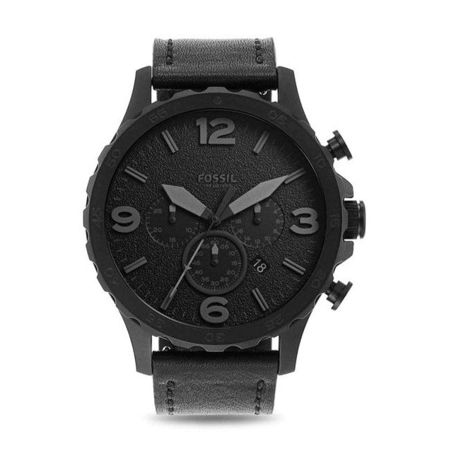 Fossil Nate Chronograph Black Dial Black Leather Strap Watch for Men - JR1354