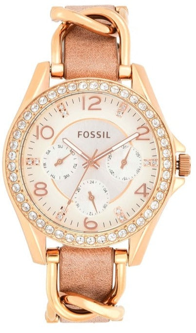 Fossil Riley White Dial Beige Leather Strap Watch for Women - ES3466