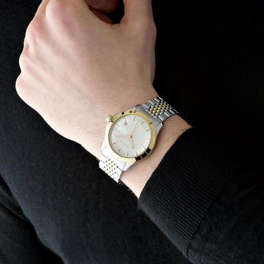 Gucci G Timeless Quartz Silver Dial Two Tone Mesh Bracelet Watch For Men - YA126409
