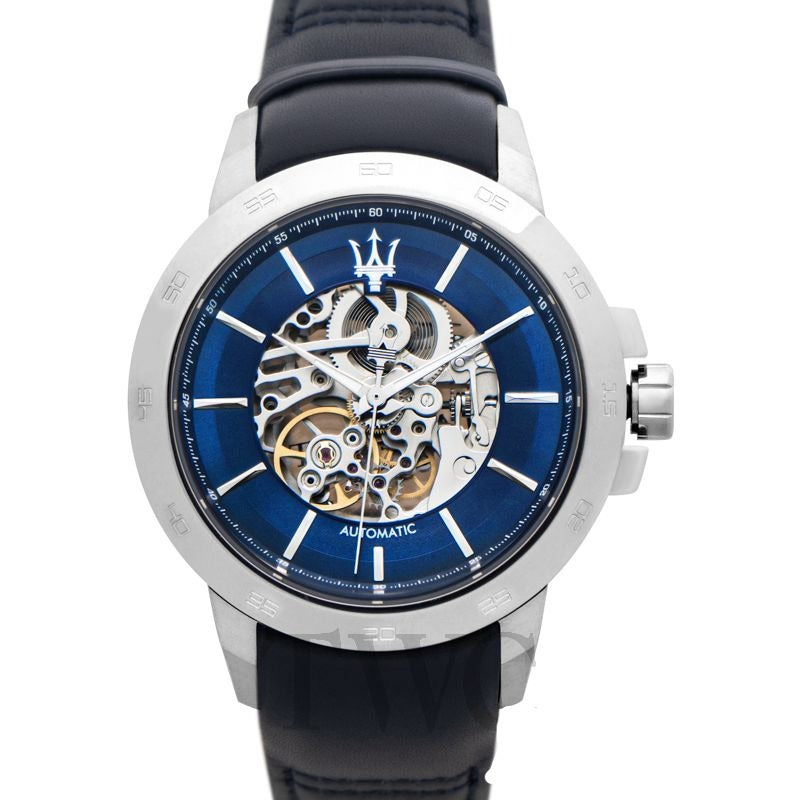 Maserati Ingegno Automatic Blue Skeleton Dial Black Leather Strap Watch For Men - R8821119004