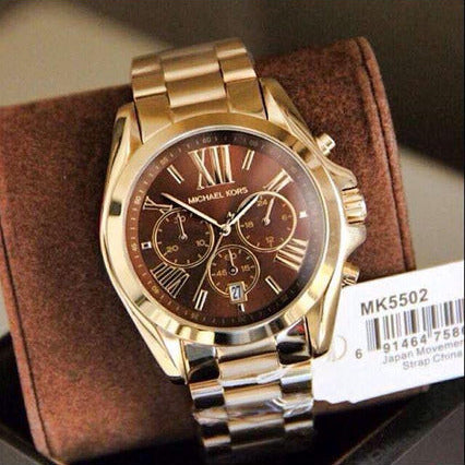 Michael Kors Bradshaw Chronograph Brown Dial Gold Steel Strap Watch for Women - MK5502