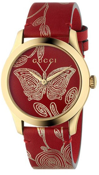 Gucci G Timeless Quartz Red Dial Red Leather Strap Watch For Women - YA1264054