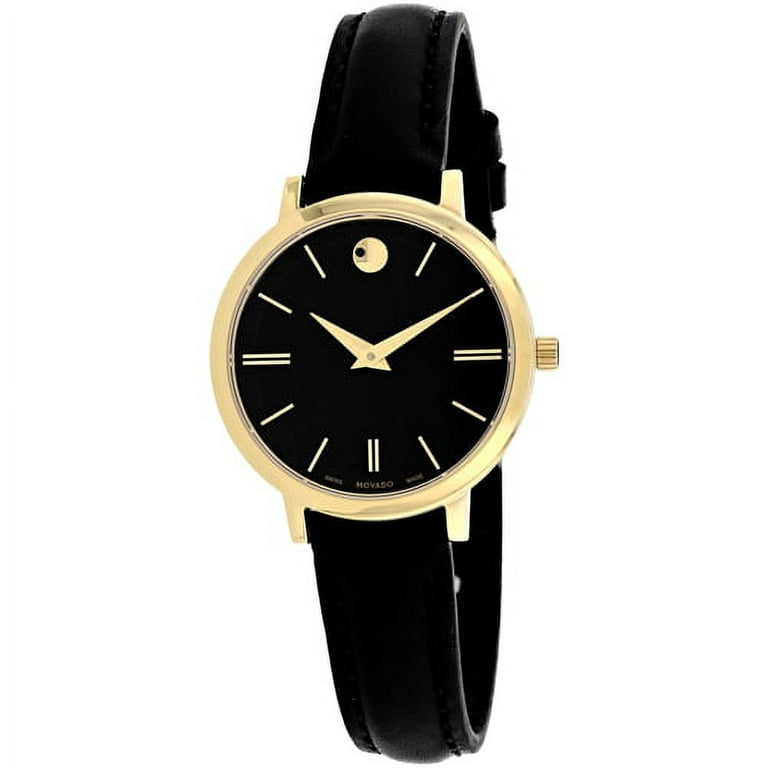 Movado Ultra Slim Black Dial Black Leather Strap Watch For Women -  0607095