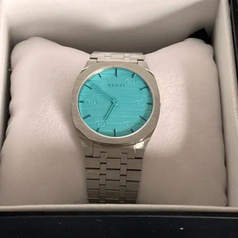 Gucci 25H Quartz Turquoise Dial Silver Steel Strap Watch For Women - YA163409