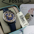 Fossil Boyfriend Skeleton Silver Dial Blue Leather Strap Watch for Women - ME3136