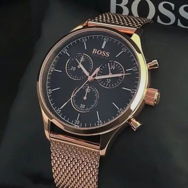 Hugo Boss Companion Quartz Black Dial Rose Gold Mesh Bracelet Watch For Men - HB1513548