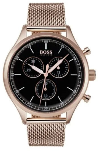 Hugo Boss Companion Quartz Black Dial Rose Gold Mesh Bracelet Watch For Men - HB1513548