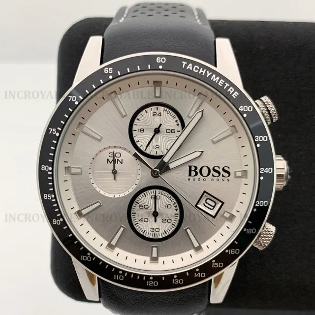 Hugo Boss Rafale Chronograh Quartz White Dial Black Leather Strap Watch For Men - HB1513403