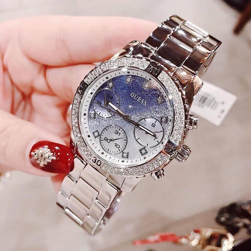 Guess Confetti Diamonds Blue Dial Silver Steel Strap Watch for Women - W0774L6