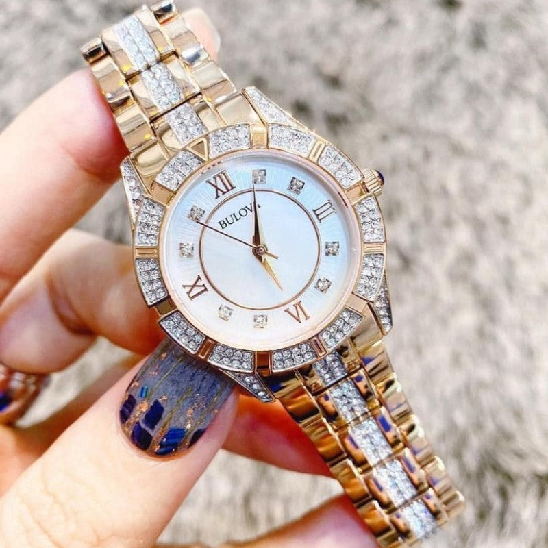 Bulova Crystal Mother of Pearl Dial Rose Gold Steel Strap Watch for Women - 98L197