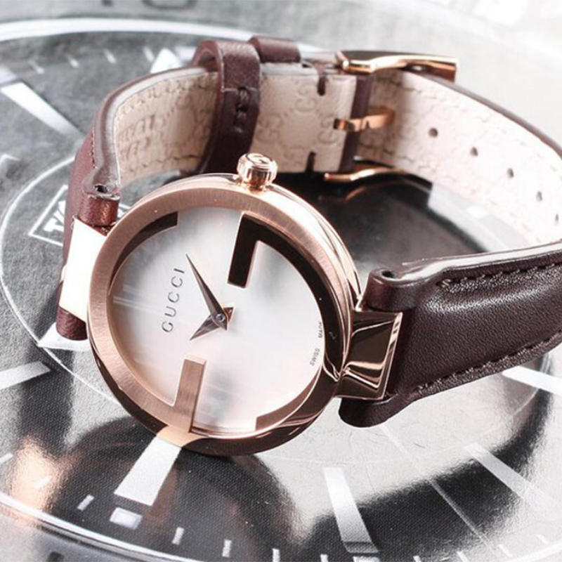 Gucci Interlocking Mother of Pearl Dial Brown Leather Strap Watch For Women - YA133516
