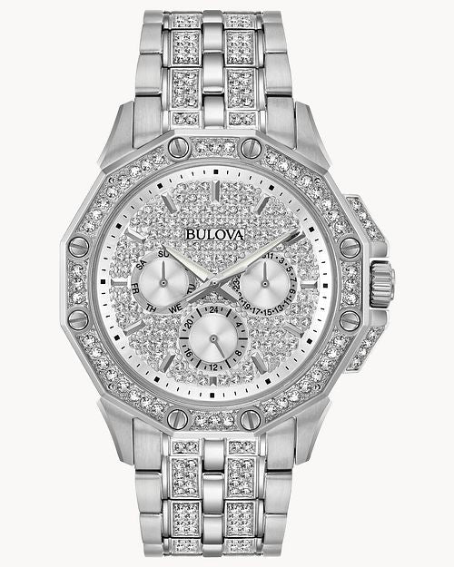 Bulova Crystal Collection Pave Crystals  Silver Dial Silver Steel Strap Watch for Men - 96C134