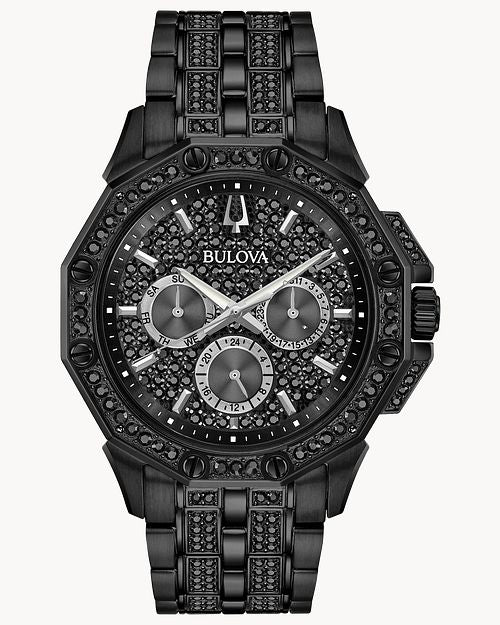 Bulova Octova Chronograph Crystal Black Dial Black Steel Strap Watch for Men - 98C134