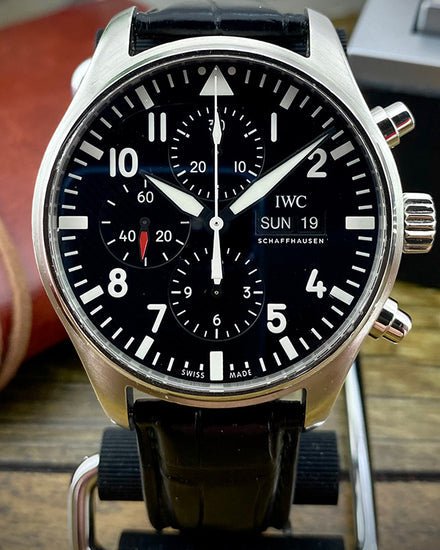 IWC Pilot's Watch Chronograph Black Dial Black Leather Strap Watch for Men - IW377709