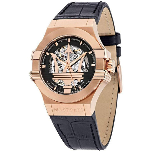 Maserati Potenza Automatic Rose Gold Dial Black Leather Strap Watch For Men - R8821108002