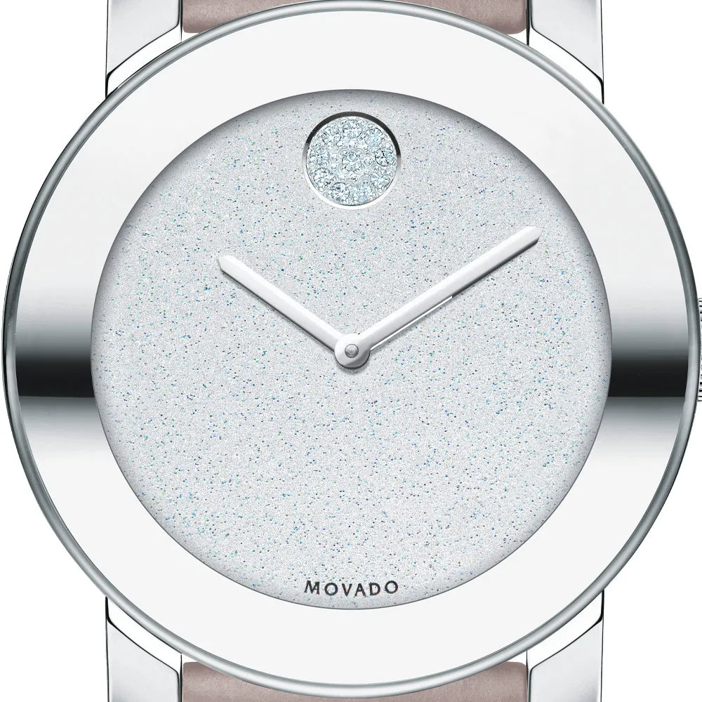 Movado Bold Silver Glitter Dial Pink Leather Strap Watch For Women - 3600522