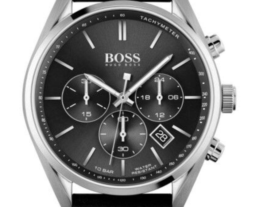 Hugo Boss Champion Chronograph Black Dial Black Leather Strap Watch for Men - 1513816